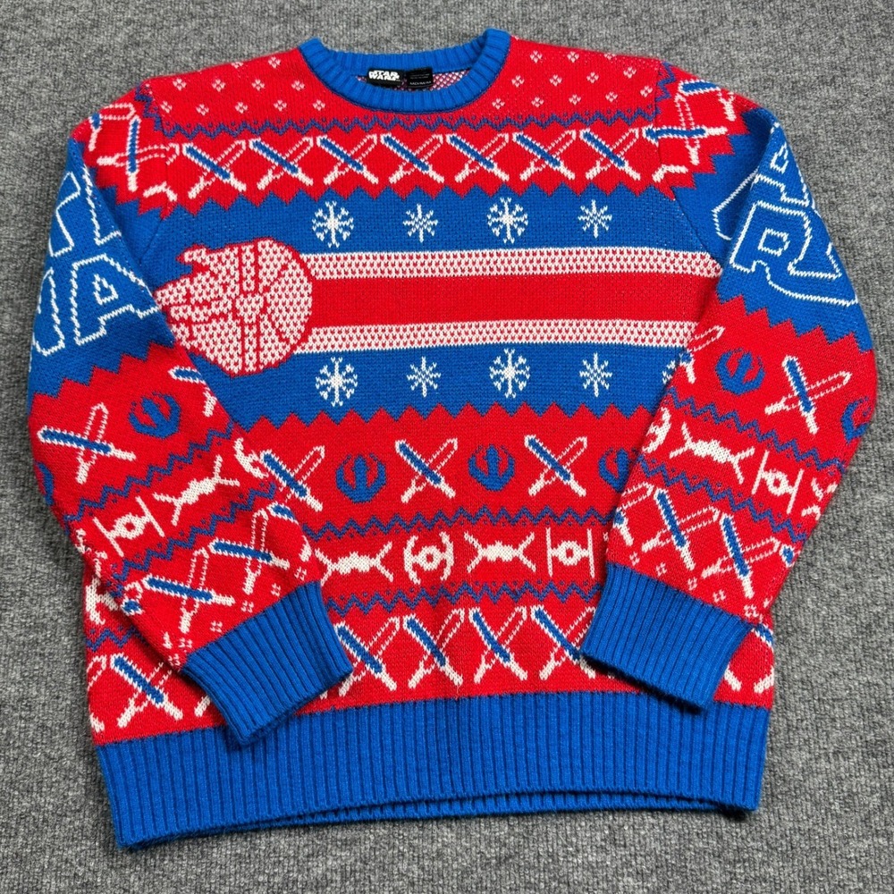 Star Wars Ugly Christmas Sweater XL Blue Red Lightsaber  Rebel Millennium Falcon